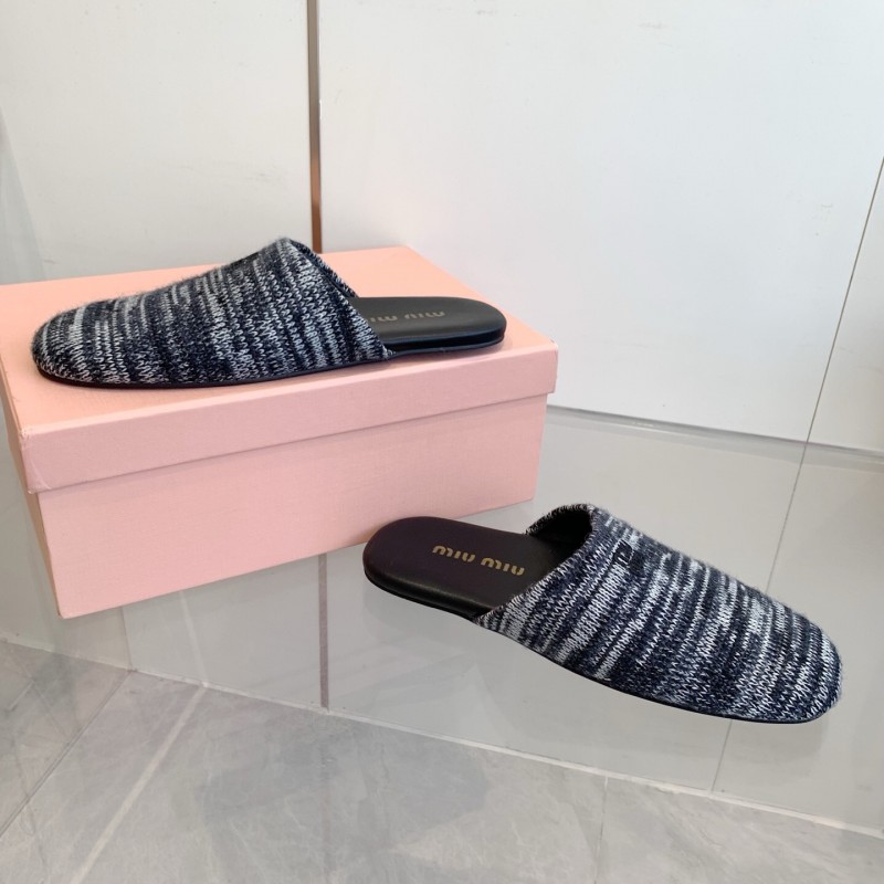 2025 Women Miu Miu Black White Knit Leather Slippers