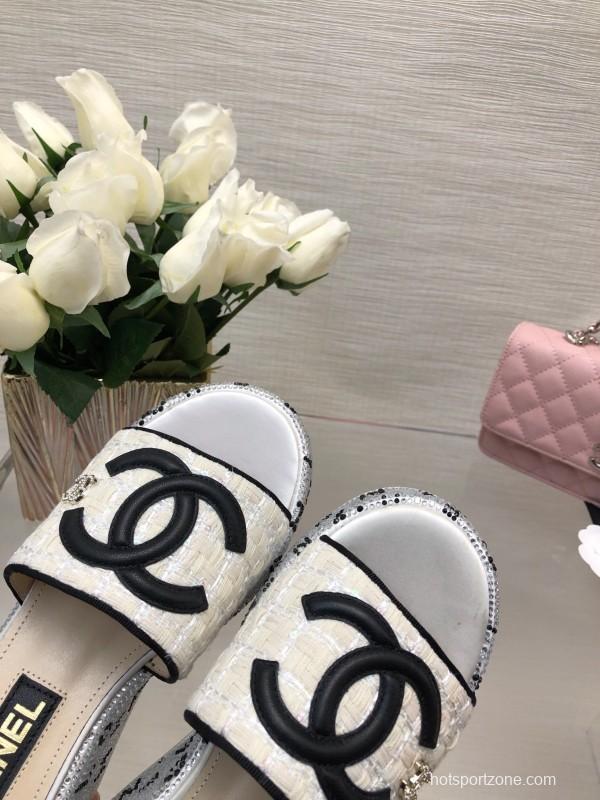 2025 Slippers Chanel White Black Fabric Platform Logo LY00320