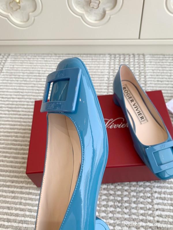 2025 Women Roger Vivier Blue Patent Leather Ballet Flat Square Buckle KFY00310