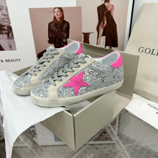2024 Women GGDB Silver Pink Leather Suede Sneakers