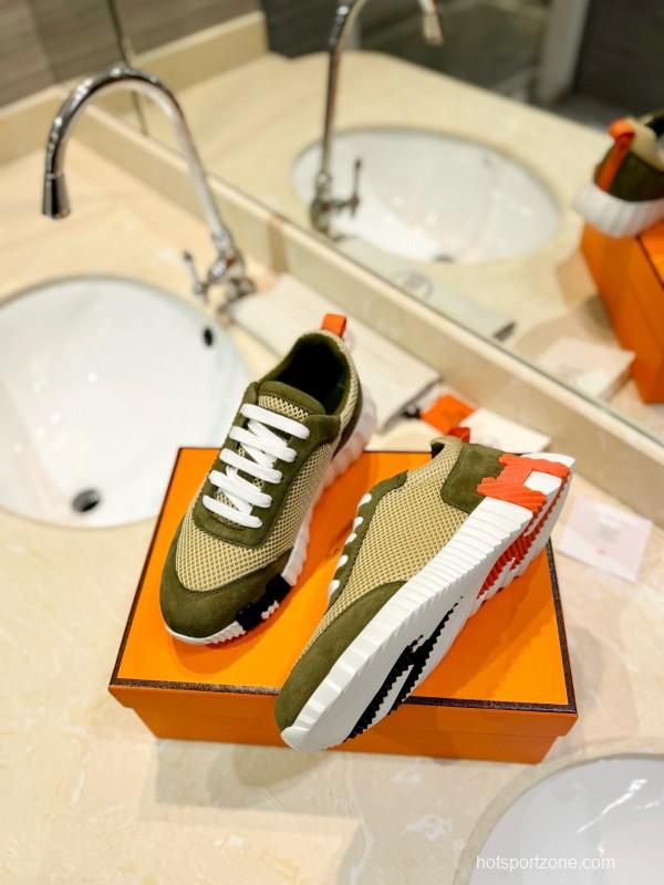 2024 Unisex Hermès Khaki Beige Suede Mesh Sneakers MJ00320