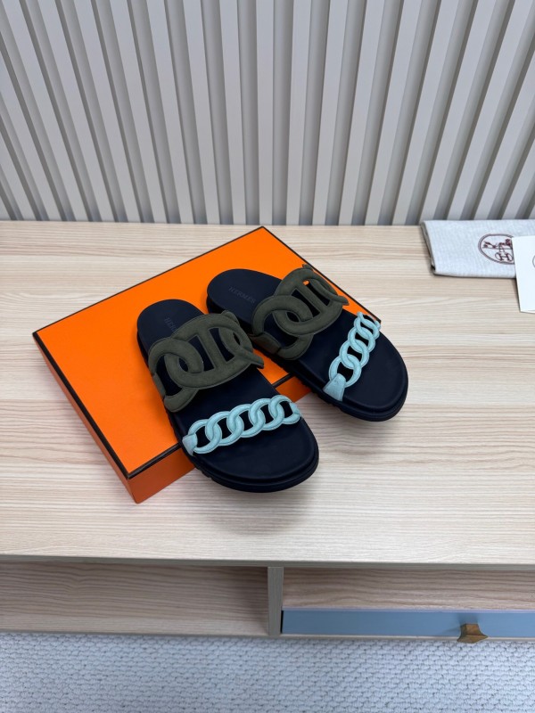 2025 Women Hermès Black Light Blue Leather Slippers