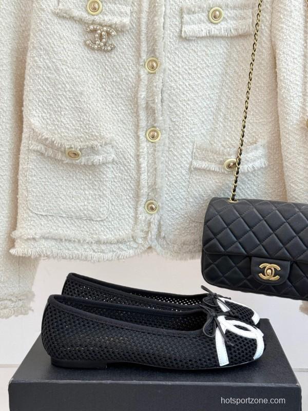 2025 Women Chanel Black White Mesh Leather Ballet Flats KFY00260