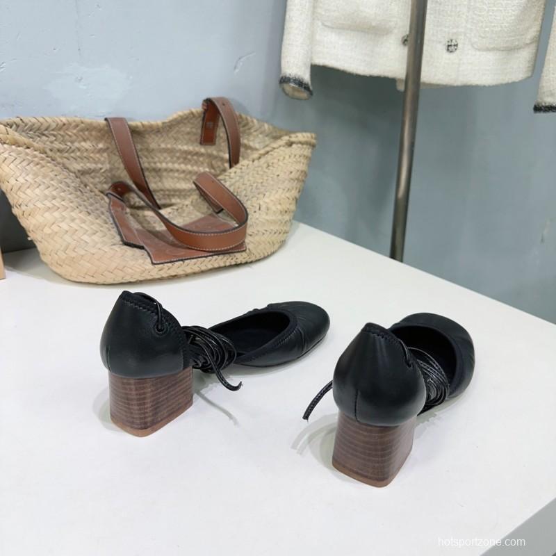 2025 Women LEMAIRE Black Leather Mary Jane Lace-up Shoes