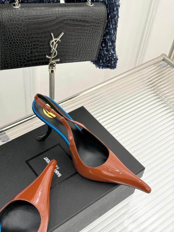 2025 Women Yves Saint Laurent Brown Patent Leather Slingback Heels KFY00290