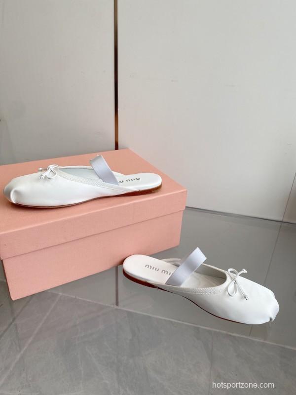 2025 Women Miumiu White Satin Ballet Flats Elastic Band KFY00280