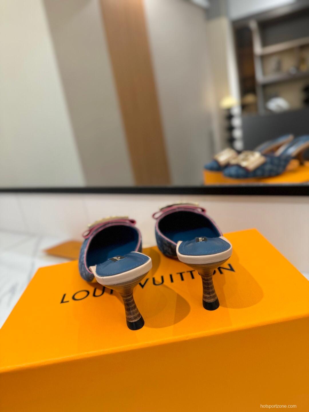 2025 Women Louis Vuitton Blue Denim Leather Mule Hardware KFY00320