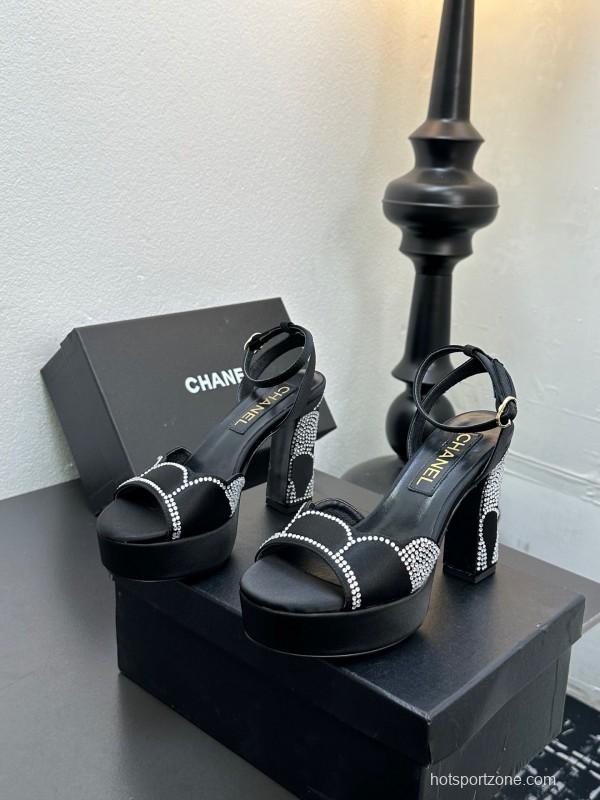 2025 Women Chanel Black Fabric Leather Rhinestone Platform Sandals KFY00320