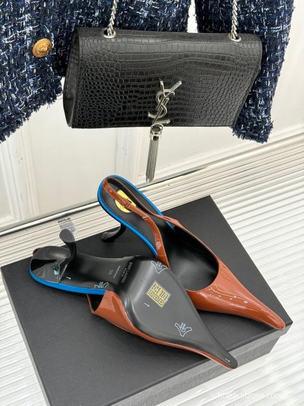 2025 Women Yves Saint Laurent Brown Patent Leather Slingback Heels KFY00290