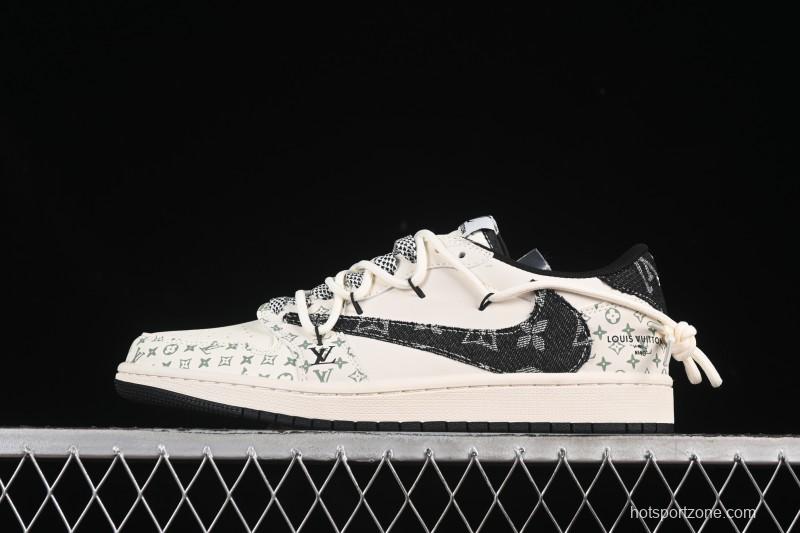 Nike Travis Scott x Fragment Design x Air Jordan 1 Low OG SP Black Print Drawstring Low-Top Casual Sneakers - YX5066-325