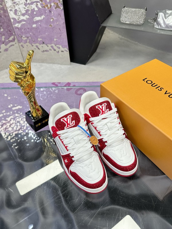 2025 Unisex Louis Vuitton Red White Leather Fabric Plimsolls Handmade Rhinestone AS00400