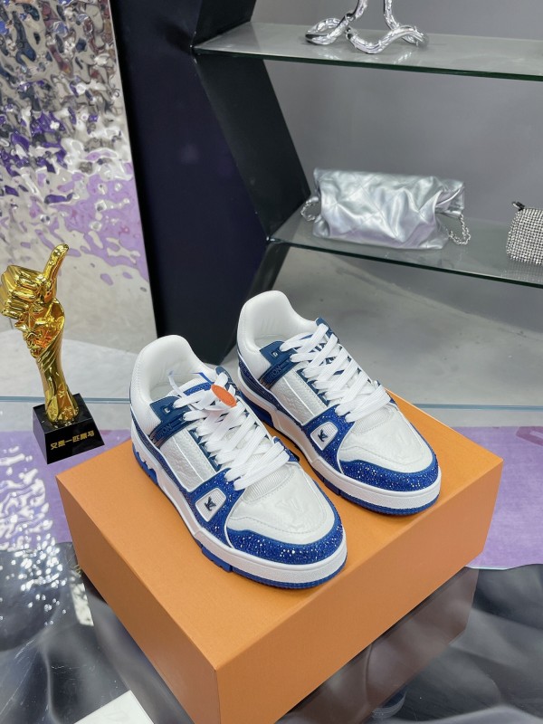 2025 Unisex Louis Vuitton Blue White Leather Plimsolls Handcrafted Beaded AS00400