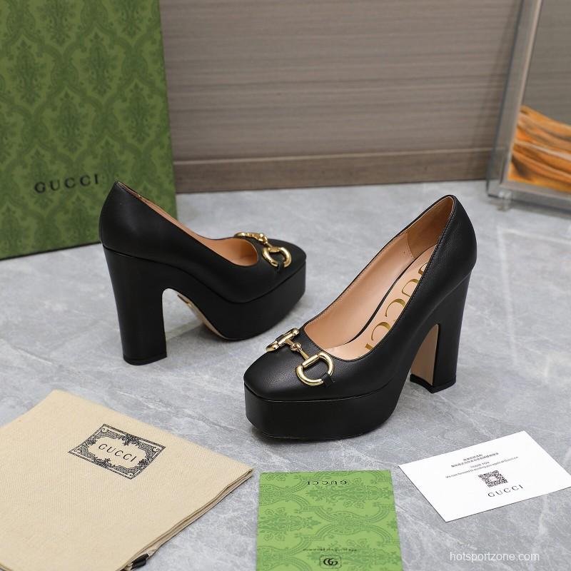 2025 Women Gucci Black Sheep Leather Platform Pumps KFY00320