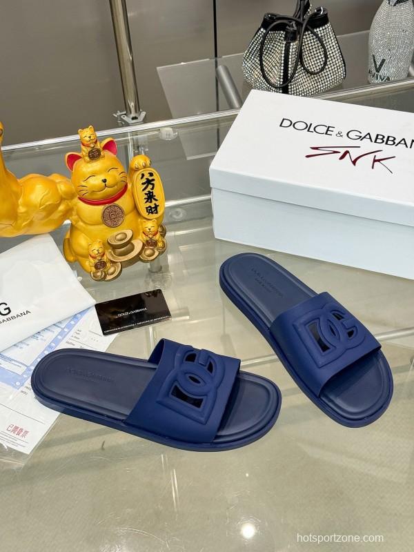 2025 Men Dolce & Gabbana Blue Leather Slippers KFY00150