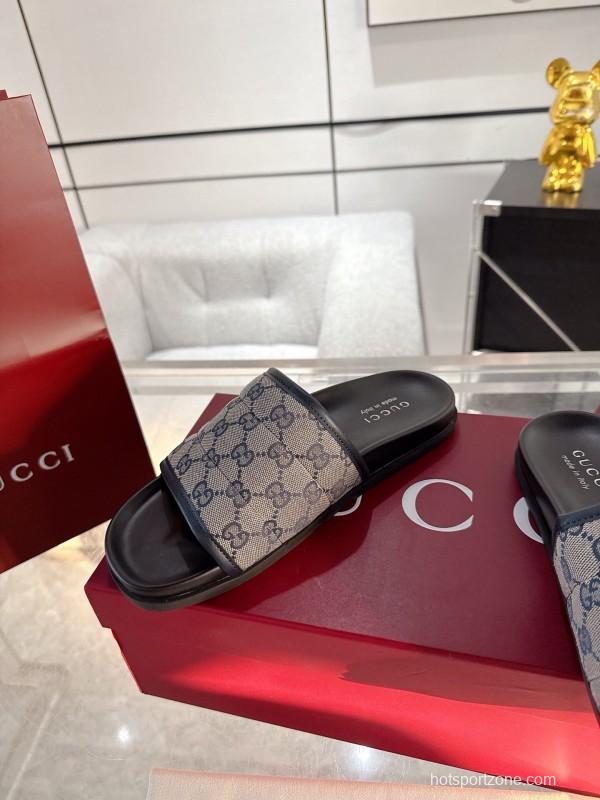 2025 Unisex Gucci Black Grey Fabric Slippers Double G Embossed AS00240