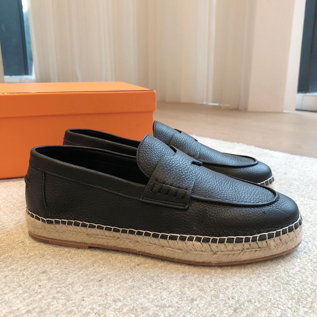 2025 Unisex Hermes Black Leather Loafers AS00380