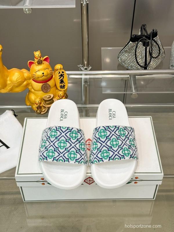 2025 Men CASA BLANCA White Green Blue Embroidered Leather Slippers KFY00160