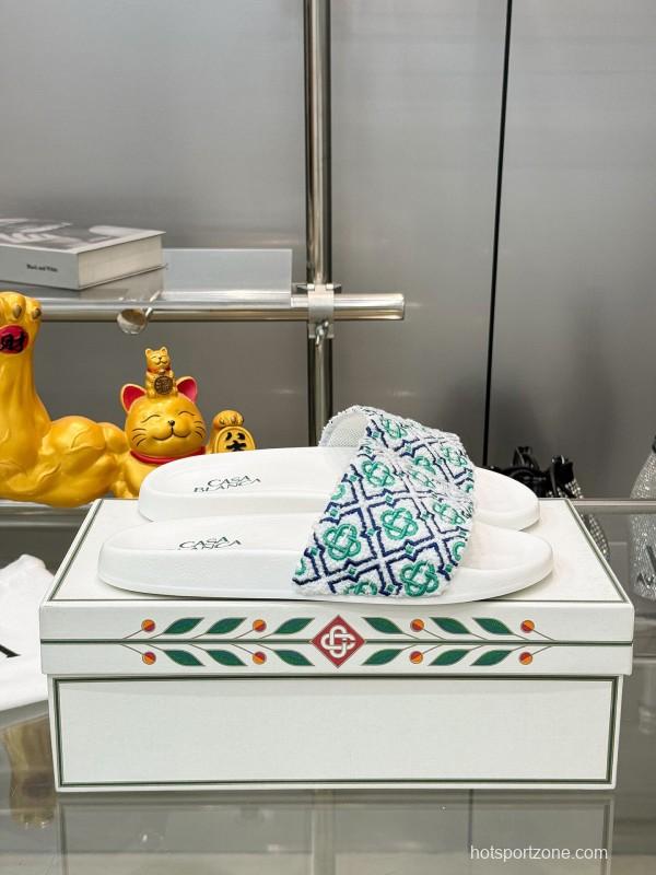 2025 Men CASA BLANCA White Green Blue Embroidered Leather Slippers KFY00160