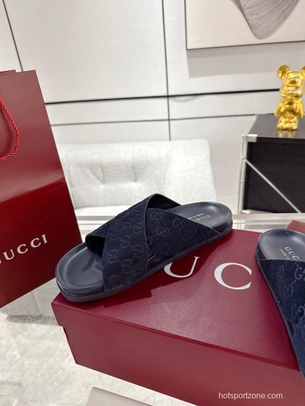 2025 Unisex Gucci Navy Fabric Slippers Double G Embossed AS00240