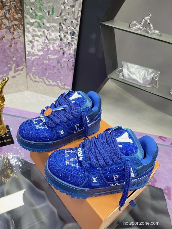 2025 Women Louis Vuitton Blue Crystal Trainer Original Custom Bing Bing Luxury Crystal Rhinestone High Temperature Hot Pressing TPU Sole AS00420
