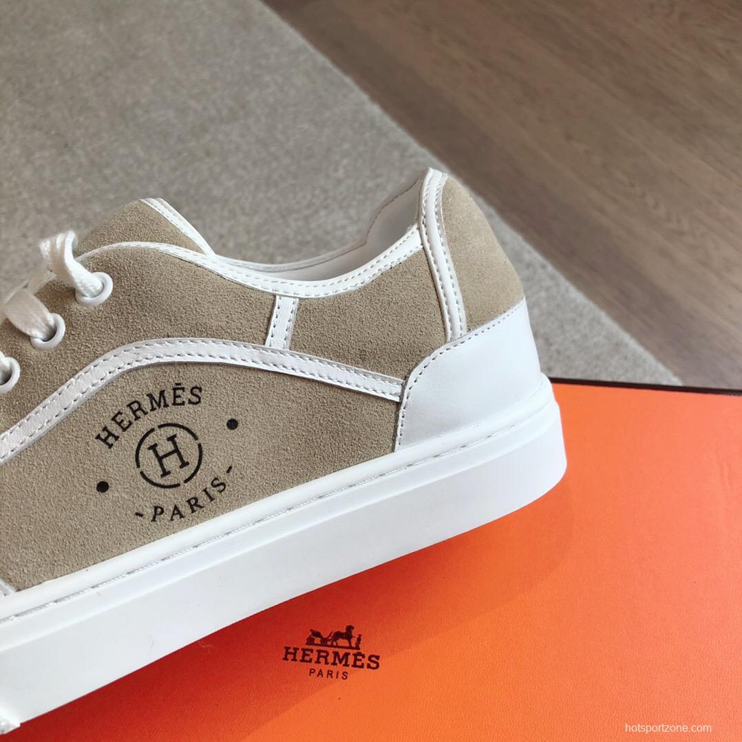 2025 Unisex Hermès Beige White Canvas Leather Sneakers AS00380