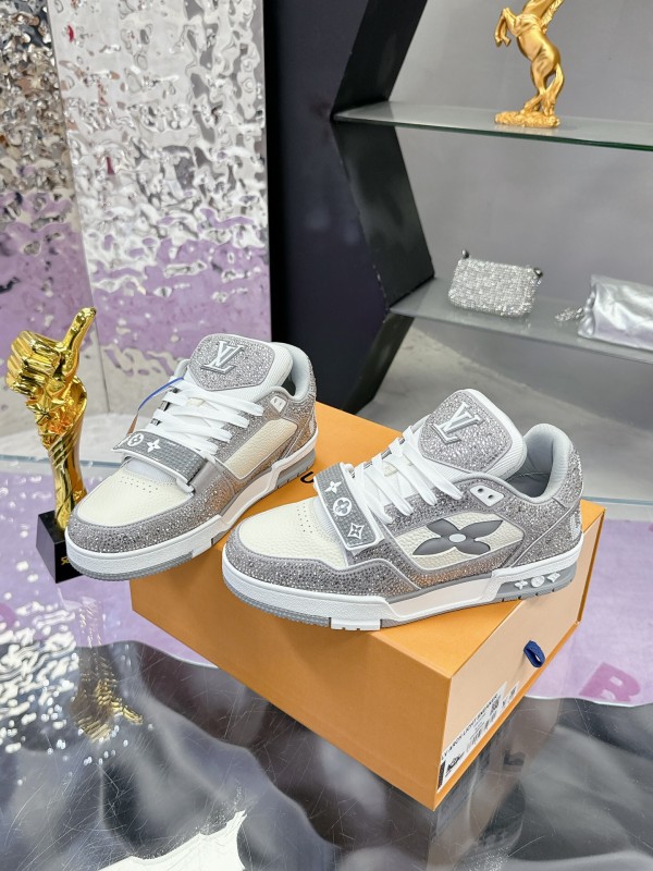 2025 Unisex Louis Vuitton Silver Grey White Leather Fabric Plimsolls Hand-Crafted Crystal AS00400