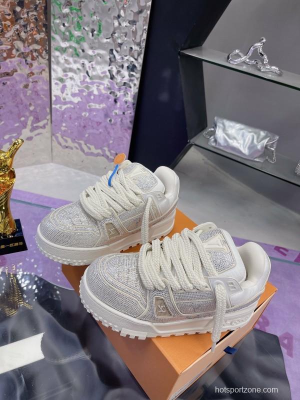 2025 Unisex Louis Vuitton White Crystal Leather Plimsolls Bing Bing AS00420