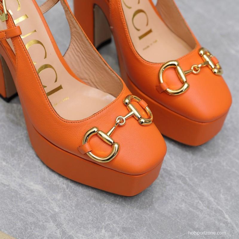 2025 Women Gucci Orange Leather Platform High Heels KFY00320