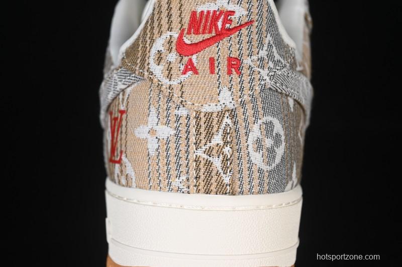 Nike Air Force 1 '07 Low LV Collaboration Grey Brown Floral Canvas Casual Sneakers - DF0188-076