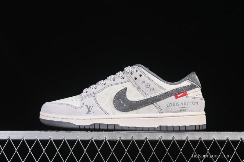 Nike SB Dunk Low LV Collaboration Gray White Double Swoosh Anniversary High-End Custom Low-Top Casual Skate Shoes - CX5050-Y20