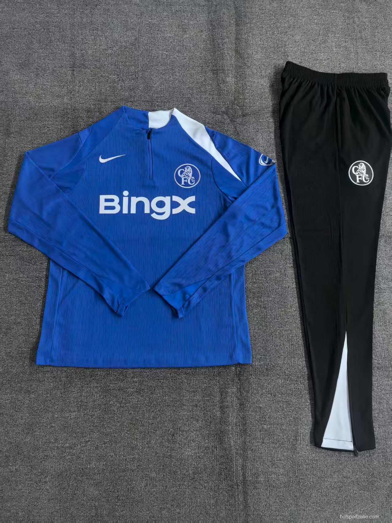 Player Version 25/26 Kids Chelsea Color Blue T90 Half Zipper Jacket+Long Pants