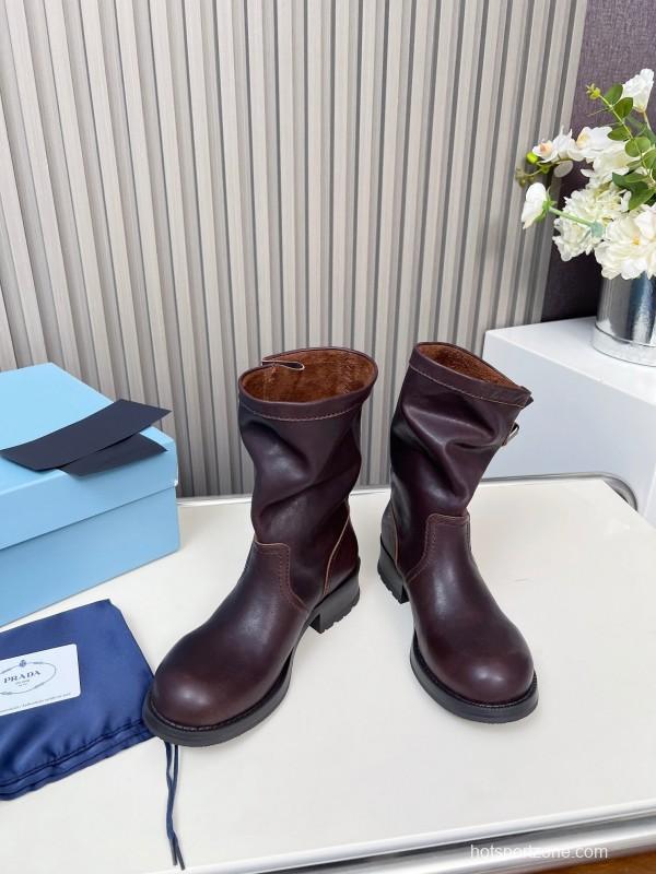 Prada 2025 SS Retro Martin Boots Motorcycle Boots - LY00350