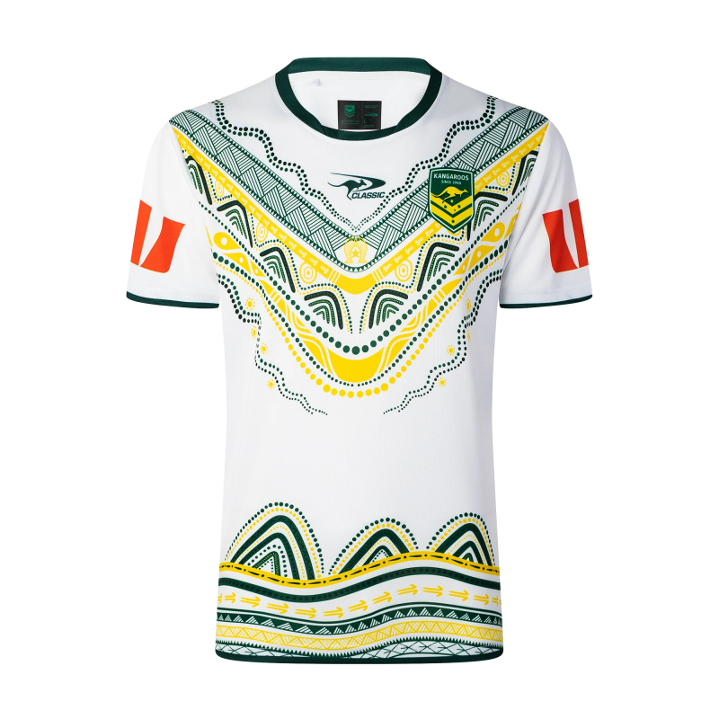 2026 Australia Kangaroos Away White with Green Trim and Indigenous Aboriginal Dot Art Pattern Jersey