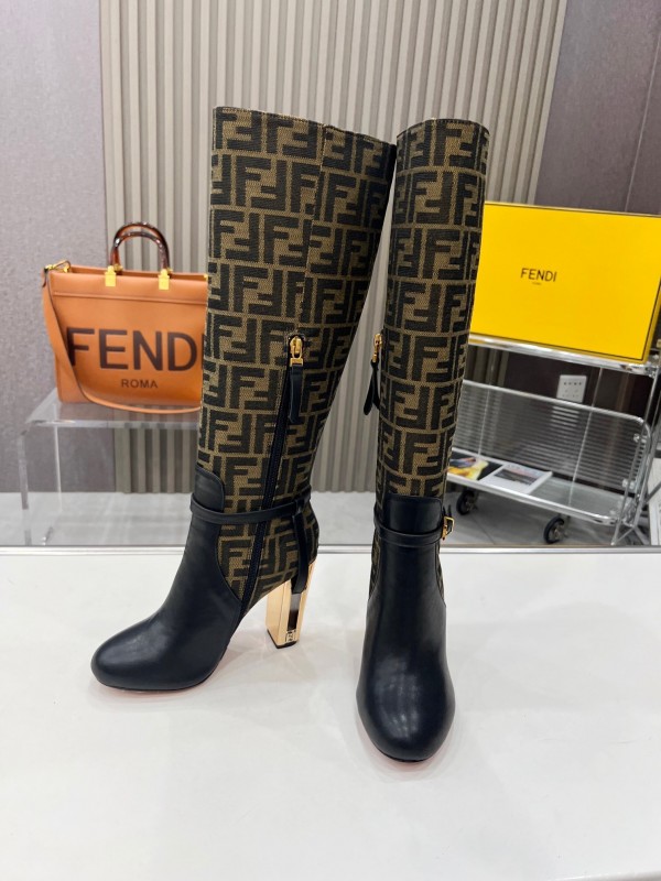 FENDI Delfina Round Toe Boots with FF Buckle and Heel Detail - LY00