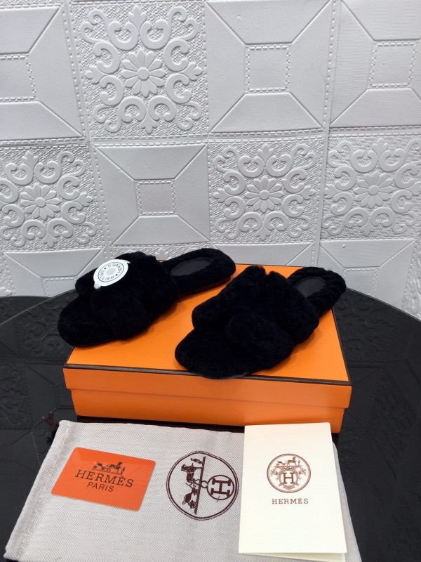 H Teddie Wool H Slippers Flat Sole Fur Slides - LY00240