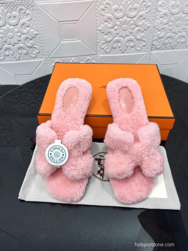 H Eiderdown Teddy Wool H Slippers Flat Sole Winter Home Shoes - LY00240