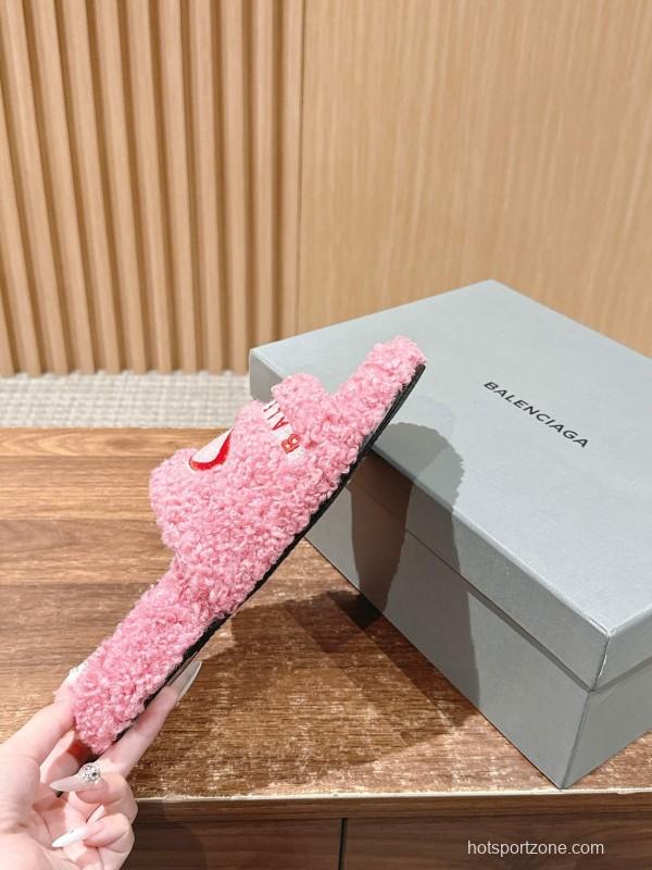 Balenciaga 2025 SS Qixi Limited Series Letter Embroidery Platform Shearling Slippers - AS00200