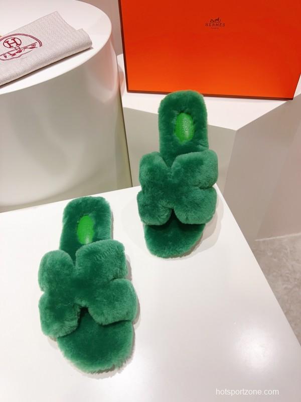 Hermès Teddy Wool H Slippers Flat Fur Slides - LY00240