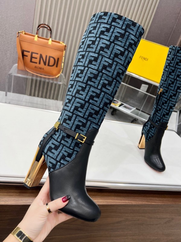 FENDI Delfina Round Toe Boots with FF Buckle and Heel Detail - LY00