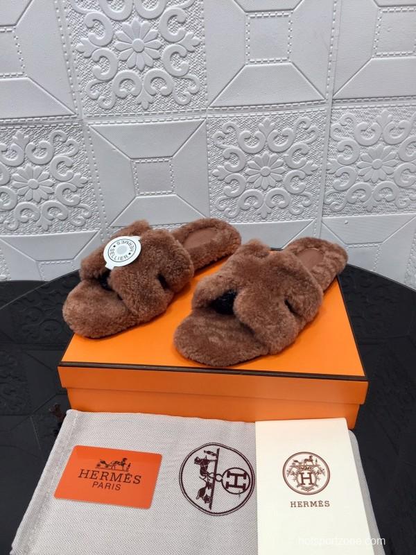 H Eiderdown Teddy Wool H Slippers Flat Sole Winter Home Shoes - LY00240