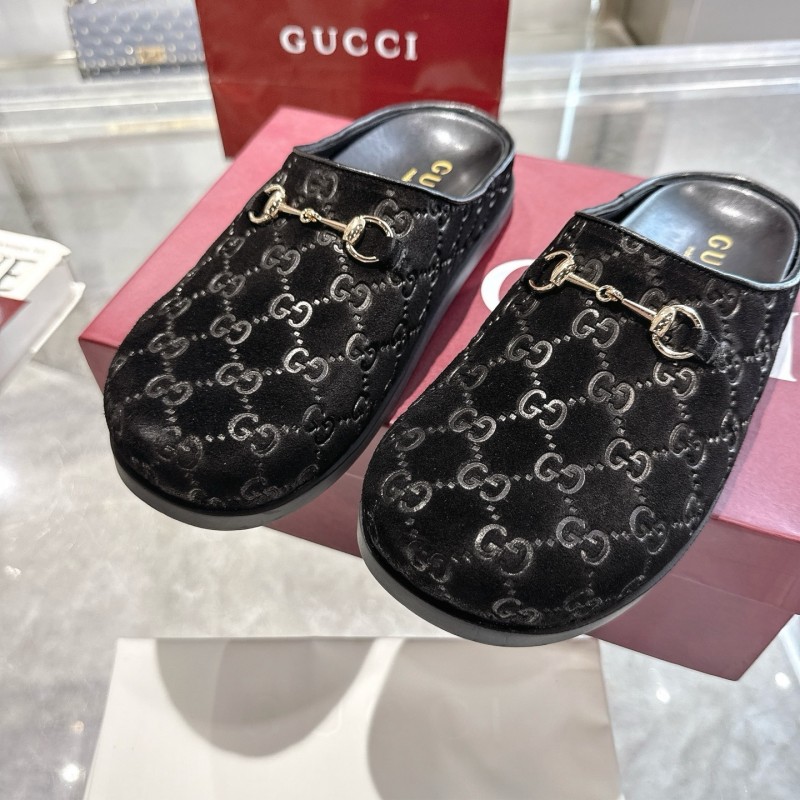 Gucci Camel Suede GG Embossed Horsebit Mule Sandals - LY00240