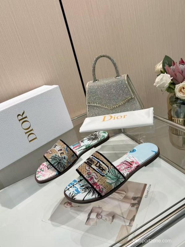 Dior 2025 SS CD Embroidered Monogram Slippers with Sheepskin Lining - LY00200