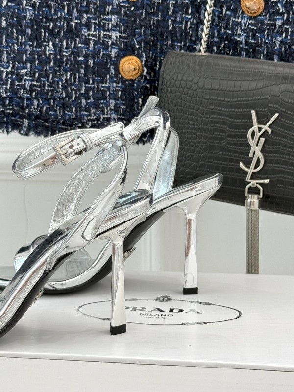 Prada 2025 SS Pointed Toe High Heel Sandals with Triangle Buckle - KFY00280