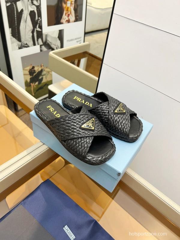 Prada 2025 SS Raffia Handwoven Cross Strap Sandals - KFY00260