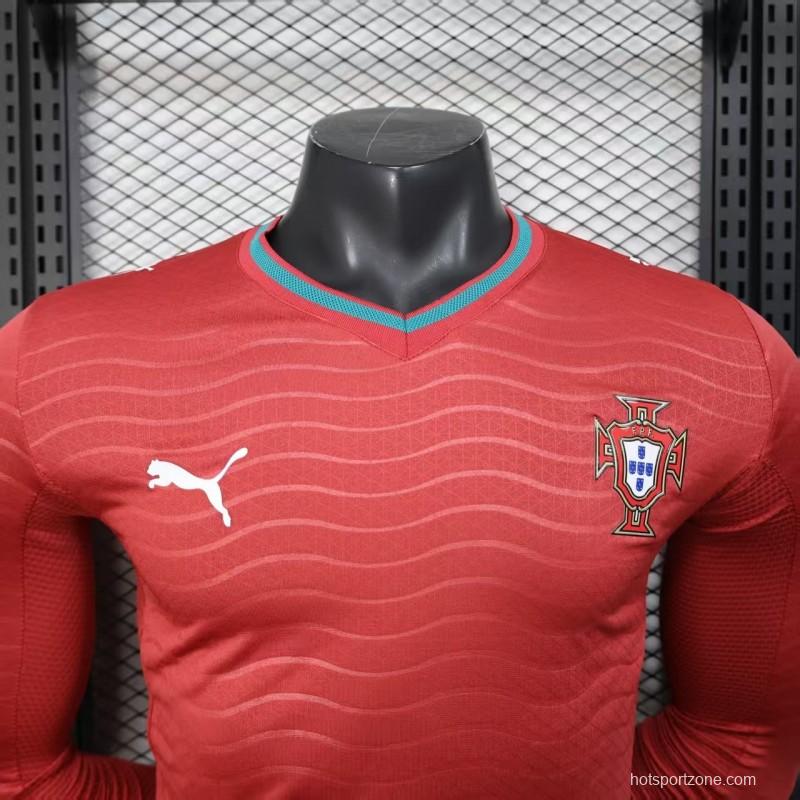 Player Version 2026 Portugal Home Long Sleeve Red with Horizontal Wave Pattern Jersey