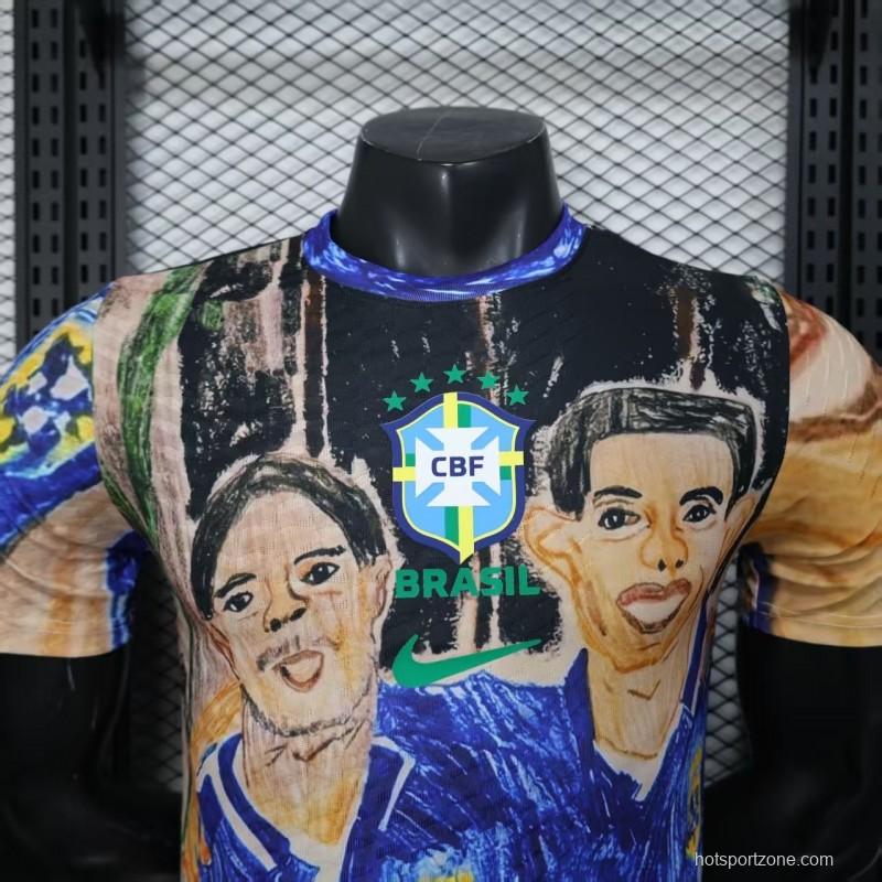 Player Version 2026 Brazil CBF Hand-Drawn Art Special Edition Jersey Featuring Ronaldo & Ronaldinho