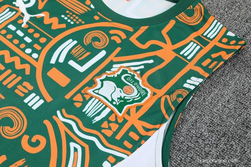 25/26 Côte d'Ivoire Green Tribal Print Sleeveless Training Vest +Shorts Set