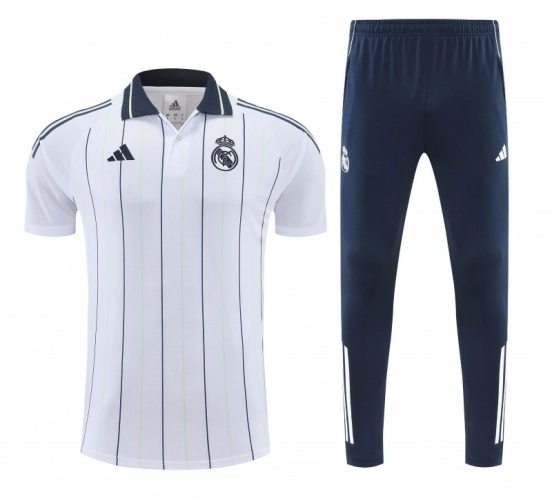 26/27   Real Madrid White Stripes Polo Training Shirt + Long Pants Tracksuit