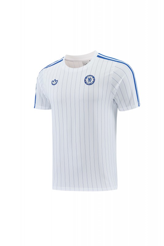 26/27 Chelsea FC White Stripes Short Sleeve+Blue Soccer Shorts