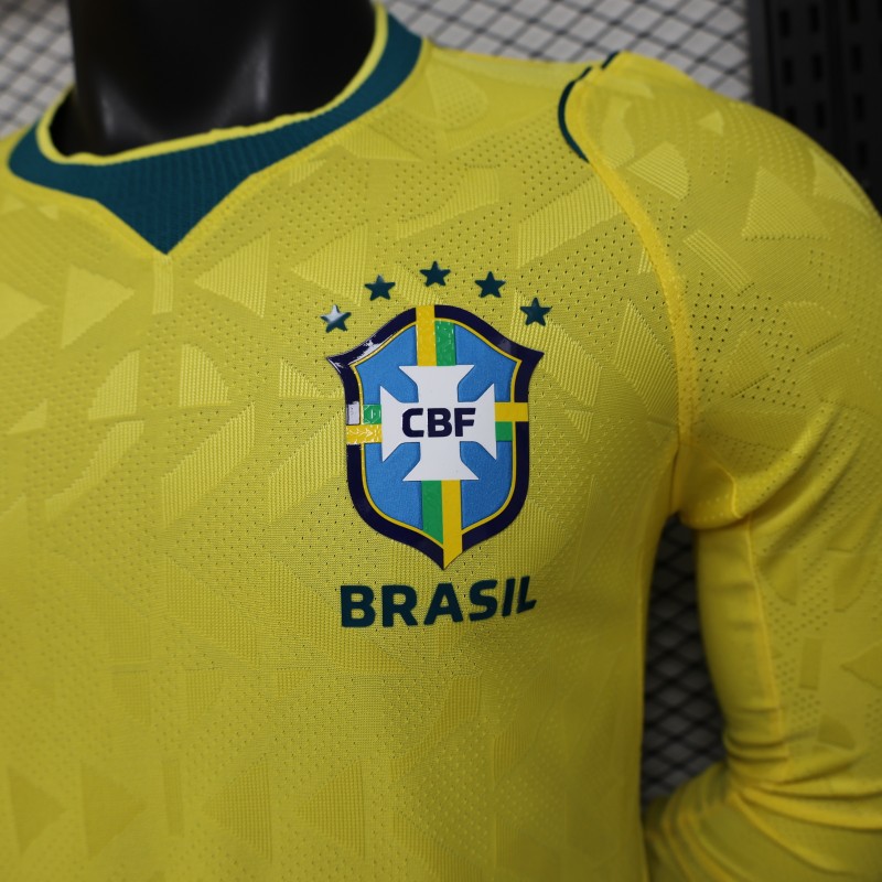 Player Version 2026 Brazil  Yellow with Geometric Pattern Home Long Sleeve Jersey
